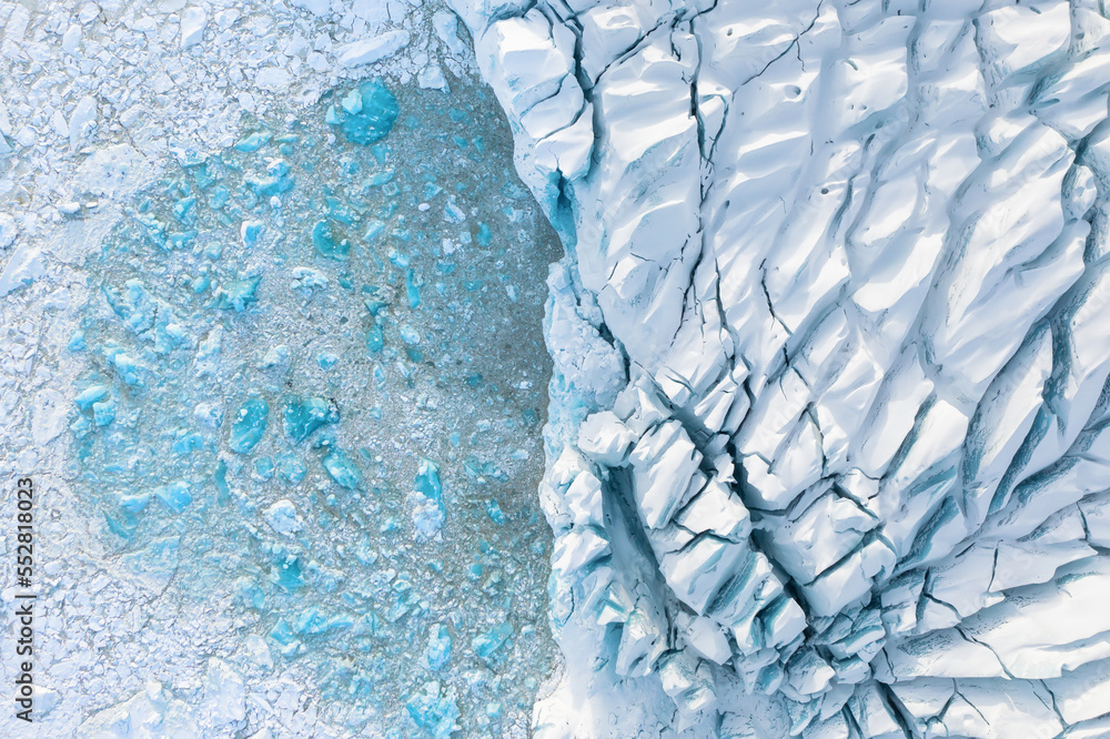 Iceland. Landscape from a drone. Destruction of the glacier in Iceland due to global warming. Aerial view on the glacier. Climate change matters. Famous place in Iceland.