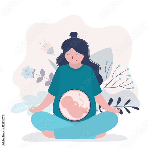 Pregnant woman sitting in lotus position. Yoga for pregnant. Relaxation, female character meditating in yoga asana. Maternity, embryo in belly. Happy and healthy pregnancy.