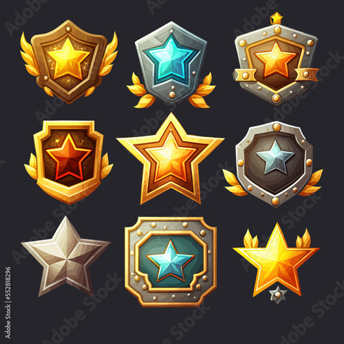 Game wooden level or avatar frames, ui,gui, icons, ranking badges or achievement banners, bordering decor. A beautiful fantastic children's play template isolated on background. Vector