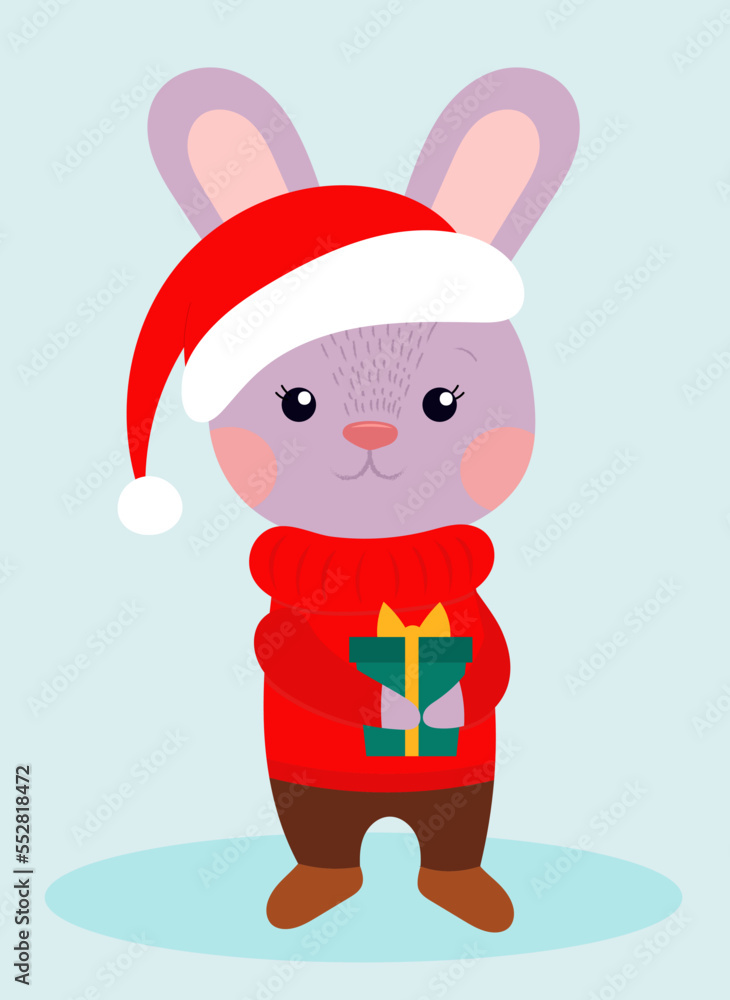 rabbit with gift box. Merry Christmas And Happy New Year rabbit with gift box. Merry Christmas And Happy New Year