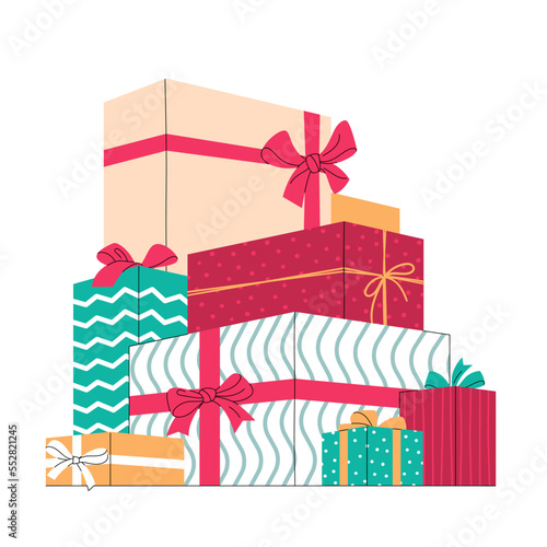 Big pile of colorful gift boxes. Mountain of Christmas or birthday presents. Trendy flat vector cartoon illustration isolated on white background.