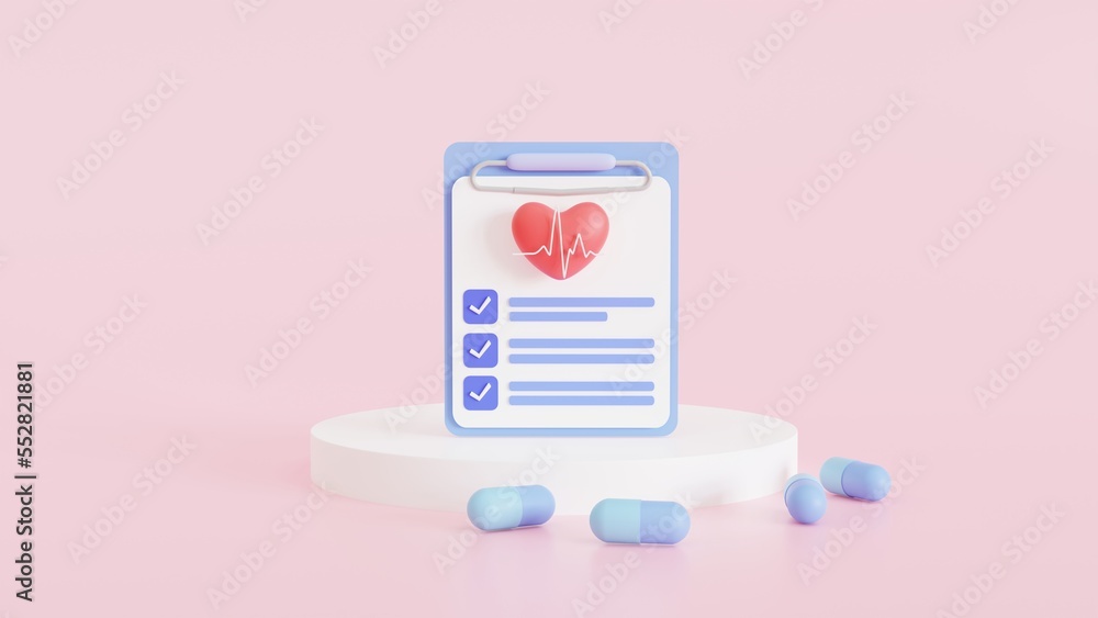 medical check-up clipboard checklist, cardiovascular disease prevention test, heart diagnostic, electrocardiography service, undergo ECG procedure, 3D illustration medical check-up clipboard checklist, cardiovascular disease prevention test, heart diagnostic, electrocardiography service, undergo ECG procedure, 3D illustration