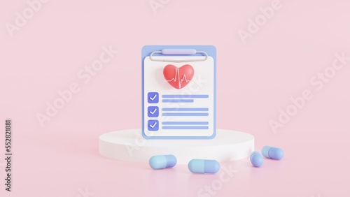 medical check-up clipboard  checklist, cardiovascular disease prevention test, heart diagnostic, electrocardiography service, undergo ECG procedure, 3D illustration