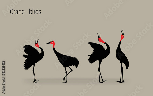 silhouette of crane family foraging on gray background vector illustration