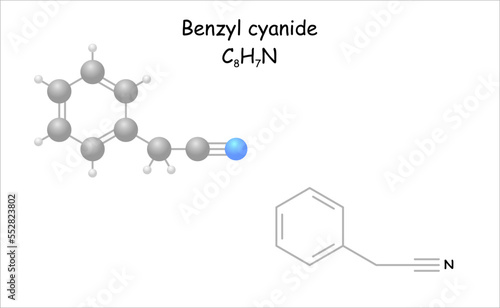 Stylized 2d molecule model/structural formula of benzyl cyanide. Insect pheromone.