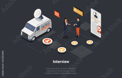 Interview, Broadcasting, Communication And Brief News Concept. Woman Journalist Interviews Well-Known Media Personality. Recruitment, employment, headhunting. Isometric 3d Cartoon Vector Illustration