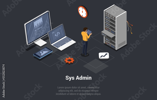 Concept Of Big Data Storage, Sys Admin. Server Room With Hardware Racks or Web Hosting Infrastructure. Male Character Controls of Working Cloud Computing. Isometric 3d Cartoon Vector illustration