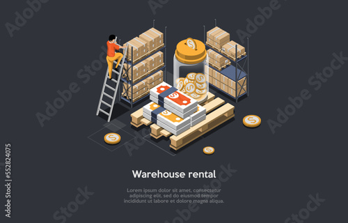 Warehouse, Garage Rental And Self Storage Unit Concept. Male Character Is Working In Warehouse With Cardboard Boxes On Racks. Money Investment In Commercial Property. Isometric 3D Vector Illustration