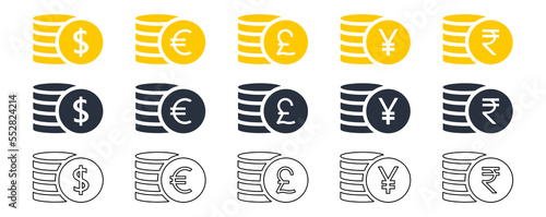 World coins stack icon set. International money silhouette symbol collection. Business payment concept. Vector isolated on white.