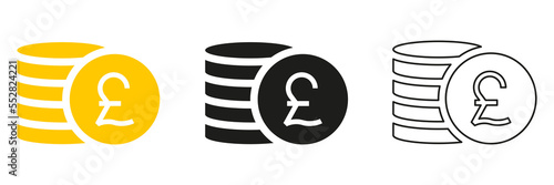Pound sterling coins stack icon set. British money silhouette symbol collection. Business payment concept. Vector isolated on white. photo