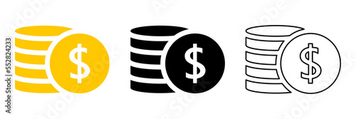 Dollar coins stack icon set. Money silhouette symbol collection. Business payment concept. Vector isolated on white.