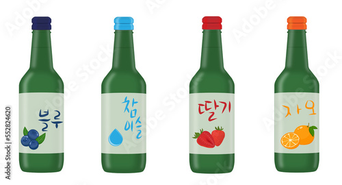 Jinro Chamisul Strawberry Soju, Blueberry Soju, Fresh Soju and Orange Soju concept on transparent PNG background