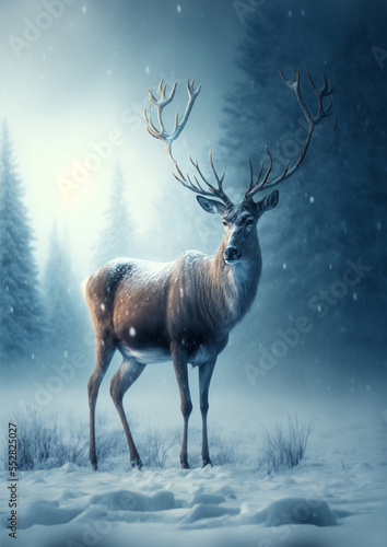 Reindeer standing on  snow and cold fog in christmas night.illustration for greeting card or book cover.generate by ai © Supharat