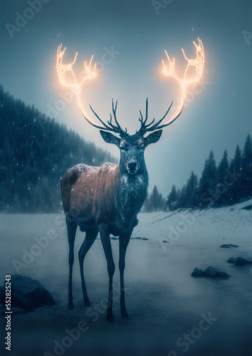 Reindeer standing on  snow and cold fog in christmas night.illustration for greeting card or book cover.generate by ai