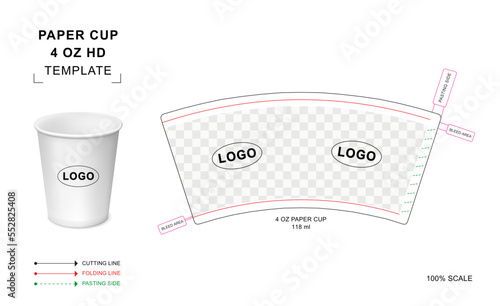 Paper cup die cut template for 4 ounce Hot Drink with 3D blank vector mockup for food packaging	