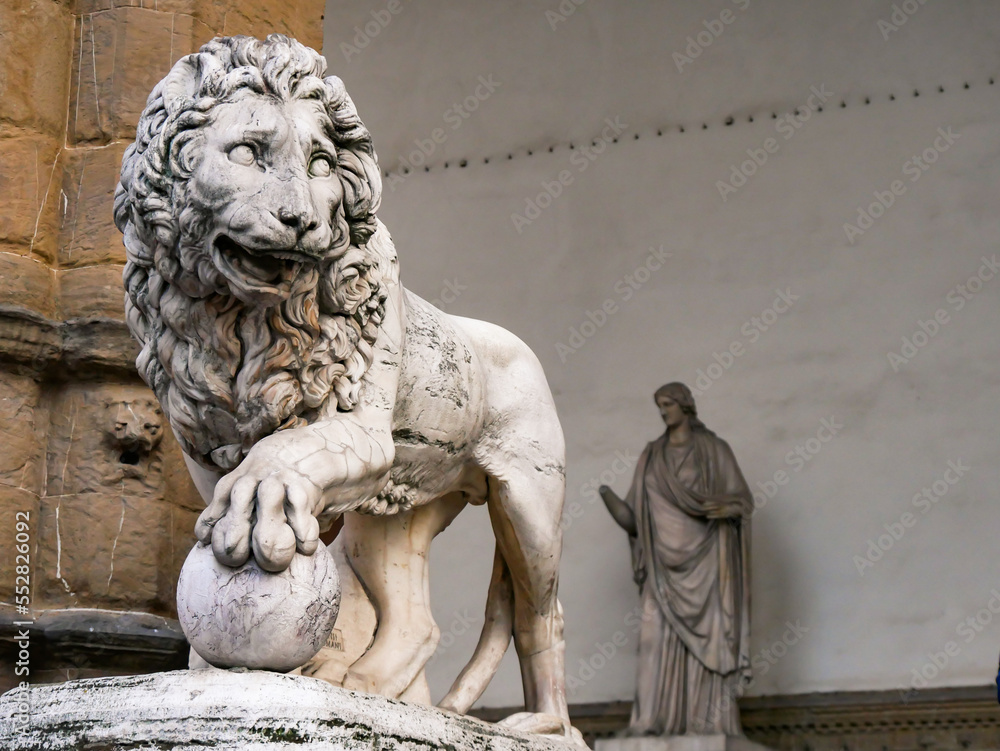 Lion at Loggia dei Lanzi, Piazza della Signoria, Florence, Italy. Renaissance of statue 1600 by Flaminio Vacca.