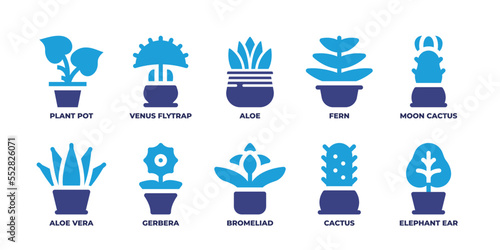 Plant pot icon set. Duotone color. Vector illustration. Containing moon cactus, venus flytrap, fern, aloe, plant pot, poinsettia, bromeliad, gerbera, aloe vera. photo