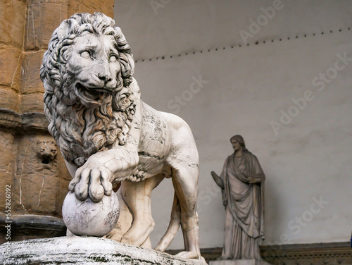 Lion at Loggia dei Lanzi, Piazza della Signoria, Florence, Italy. Renaissance of statue 1600 by Flaminio Vacca. photo