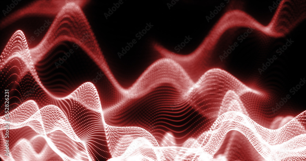 Abstract background of red futuristic glowing waves from particles of points and lines of energy and magic on a black background Abstract background of red futuristic glowing waves from particles of points and lines of energy and magic on a black background