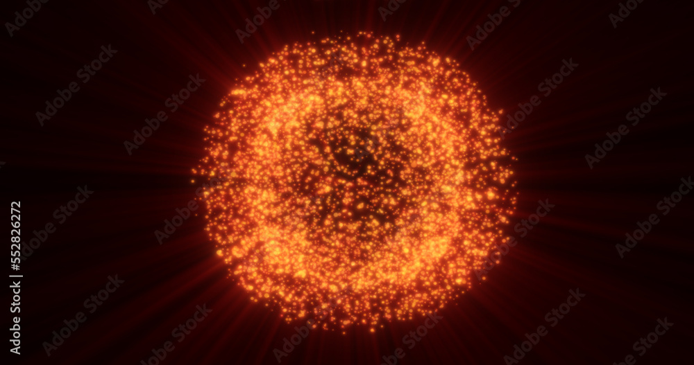 Abstract background of bright orange glowing sphere ball of shiny bright beautiful festive fireworks from particles Abstract background of bright orange glowing sphere ball of shiny bright beautiful festive fireworks from particles