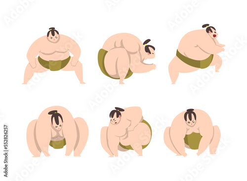Sumo Wrestler as Japanese Martial Arts Fighter in Different Poses Vector Set