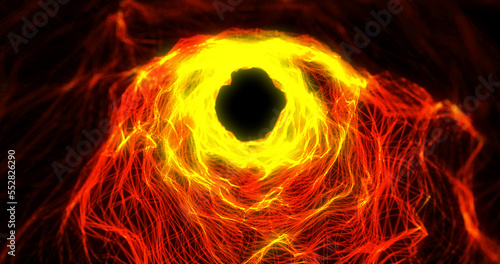 Abstract background with orange fiery tunnel with waves and lines from triangles and points of energy magical light