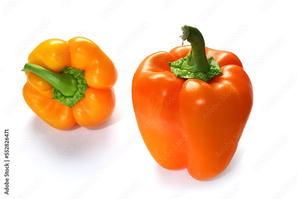 Yellow Bell peppers with natural shadow on a white background. Two Sweet raw pepper Yellow Bell peppers with natural shadow on a white background. Two Sweet raw pepper