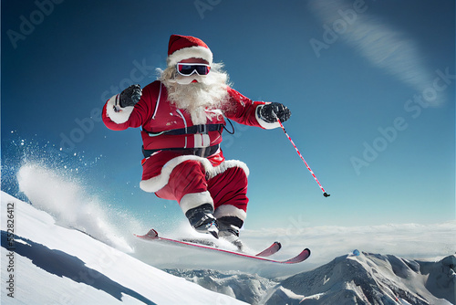 Santa Claus Skiing in Hurry to Deliver Presents. Generative ai