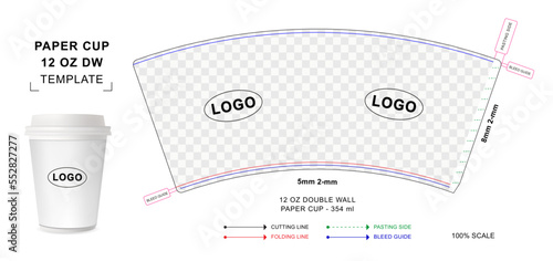Paper cup die cut template for 12 ounce Double wall with 3D blank vector mockup for food packaging	