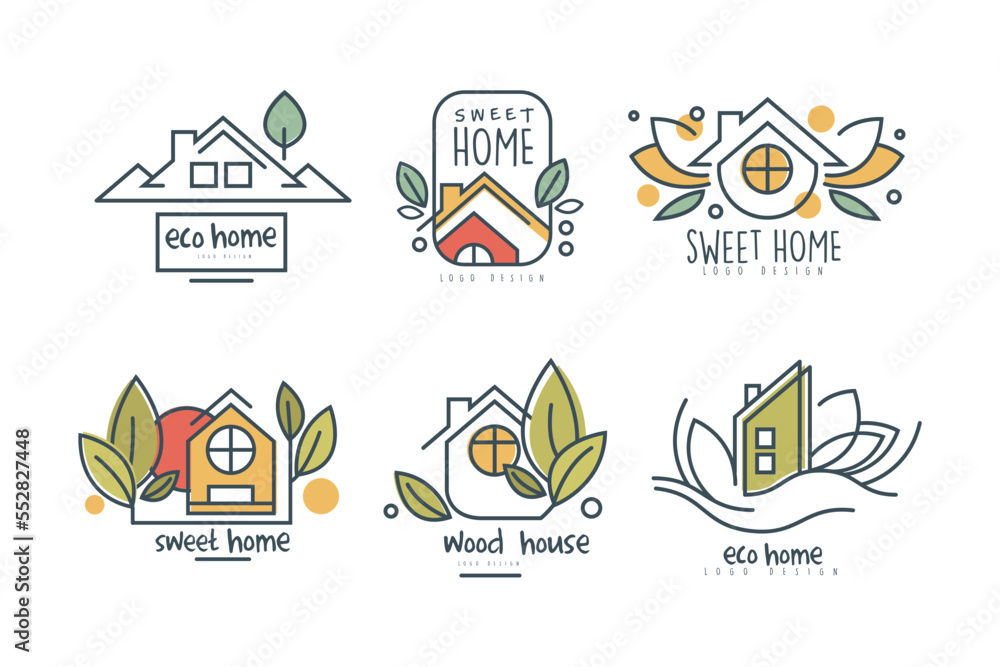 Fototapeta premium Eco Home or Eco-house Logo Design with Green Leaf Vector Set