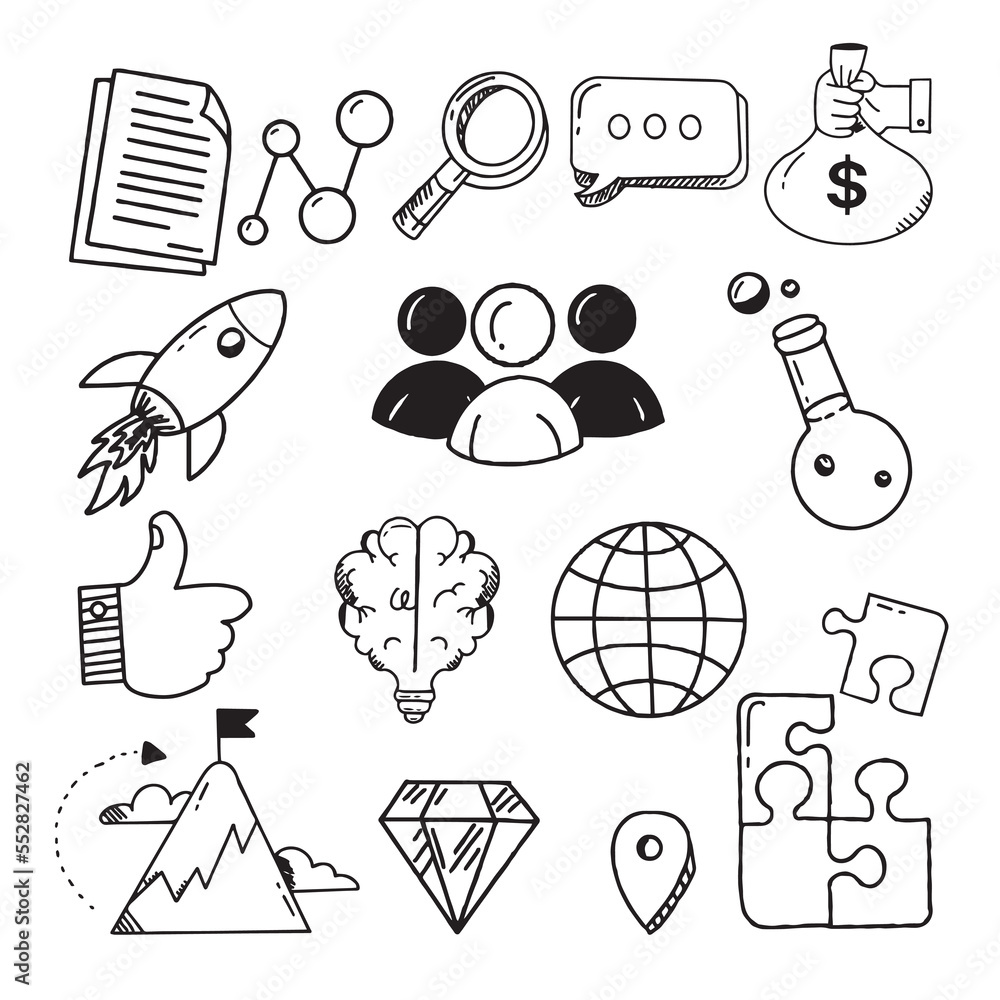 Business icons,Hand drawn black and white vector illustration isolated ...