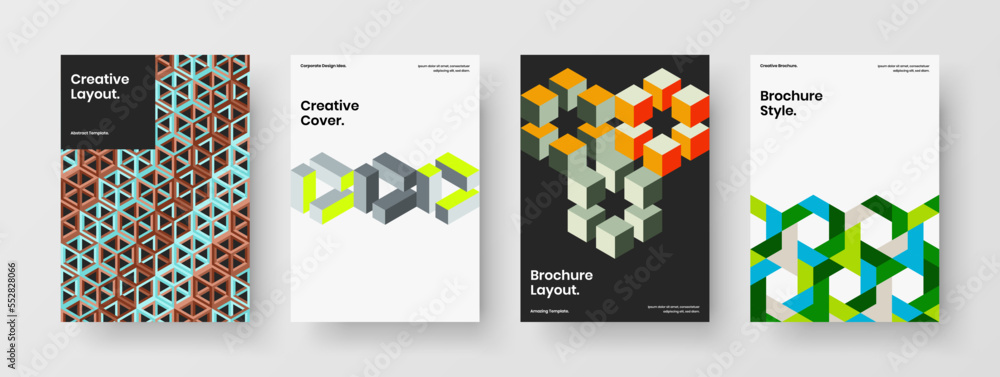 Simple mosaic tiles brochure illustration collection. Abstract flyer A4 design vector concept bundle.