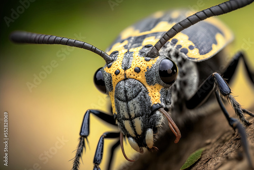Image of an Asian longhorn beetle's head on a branch, in close up. Photograph of an up-close and personal Asian longhorned beetle Generative AI photo