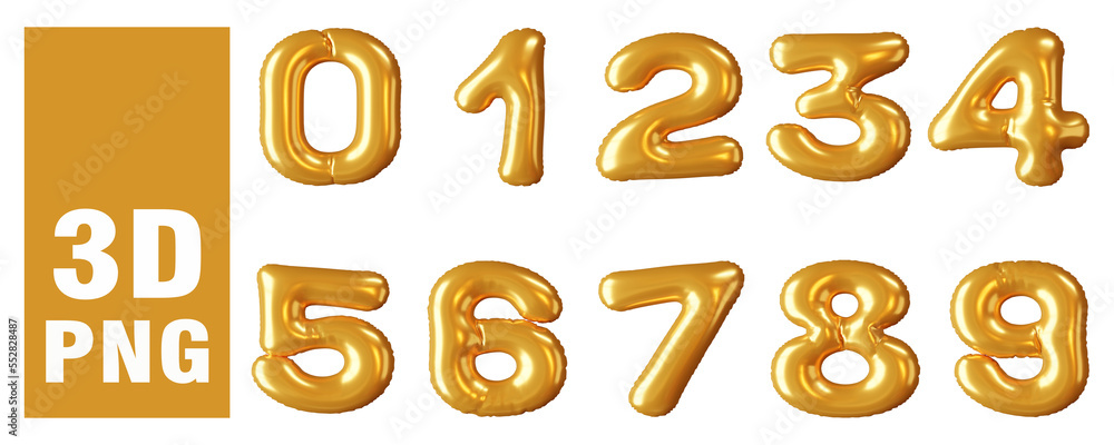Numbers from gold balloons isolated on transparent background