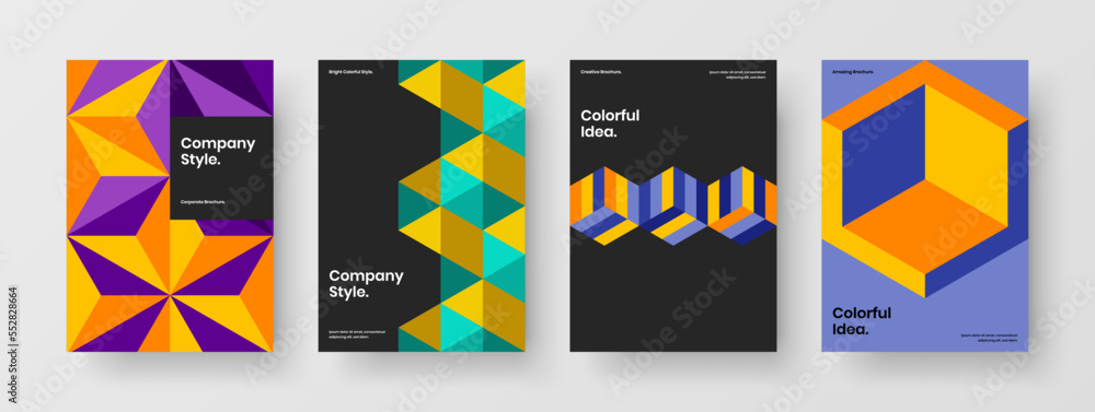 Abstract company identity A4 vector design illustration set. Multicolored geometric tiles brochure template collection.