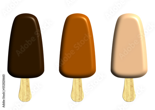 Trois bâtonnets glacés enrobés de chocolat noir, au lait ou blanc