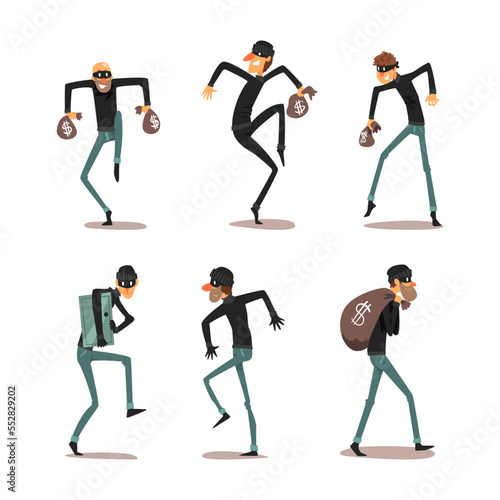 Man Robber Characters or Thief Dressed in Black Clothing and Mask Committing Crime Vector Set