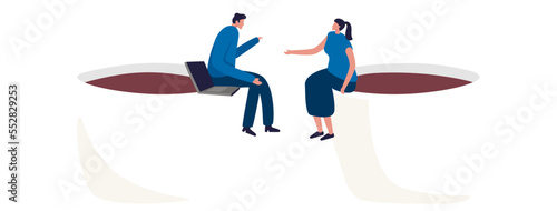 Coffee break business discussion. Businessman and female colleague having coffee break. Illustration