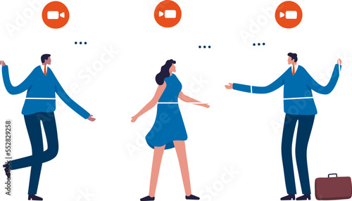 Virtual communication. Online internet chat communication. Business team on connected screens. Illustration