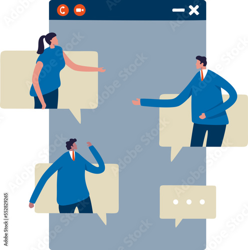 Online internet chat communication. Business team on connected screens. Illustration