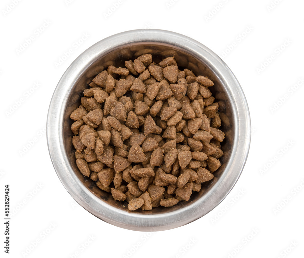 Metal plate with dry dog food. Pet food Metal plate with dry dog food. Pet food