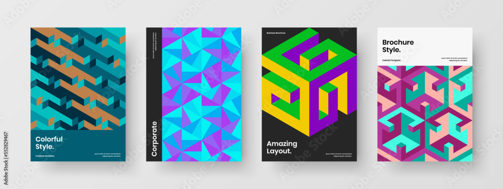 Trendy annual report A4 vector design layout set. Isolated mosaic pattern company brochure template collection.