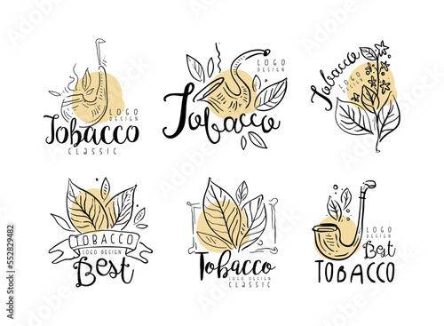 Tobacco Logo Design with Smoking Pipe and Plant Leaves in Hand Drawn Style Vector Set