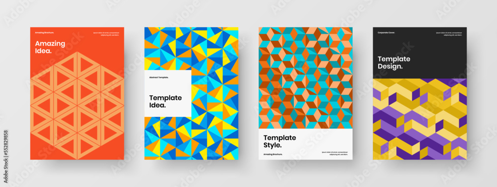 Isolated geometric pattern leaflet illustration collection. Multicolored book cover design vector template bundle.