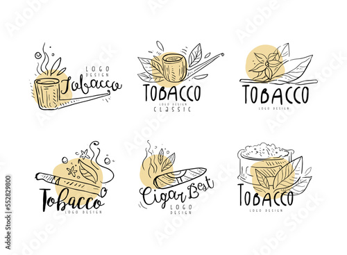 Tobacco Logo Design with Smoking Pipe and Plant Leaves in Hand Drawn Style Vector Set