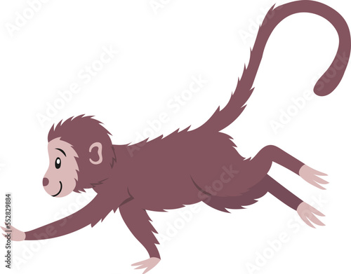Side view of macaque with brown hair. Asian monkey isolated on white background. Exotic jungle animal running. Colored flat vector illustration for children.