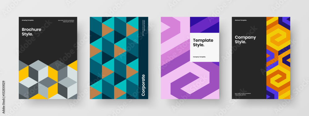 Amazing front page A4 design vector illustration bundle. Colorful geometric pattern pamphlet template composition.