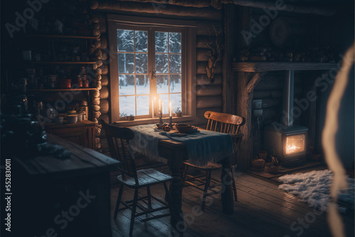 Interior of cozy wooden cabin in winter