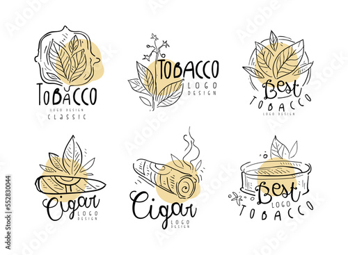 Tobacco Logo Design with Cigar and Plant Leaves in Hand Drawn Style Vector Set