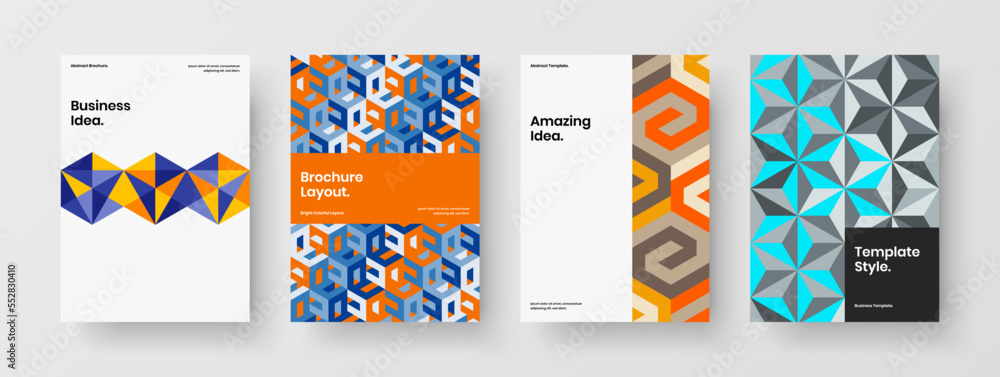 Colorful brochure A4 design vector concept collection. Trendy mosaic tiles placard illustration bundle.